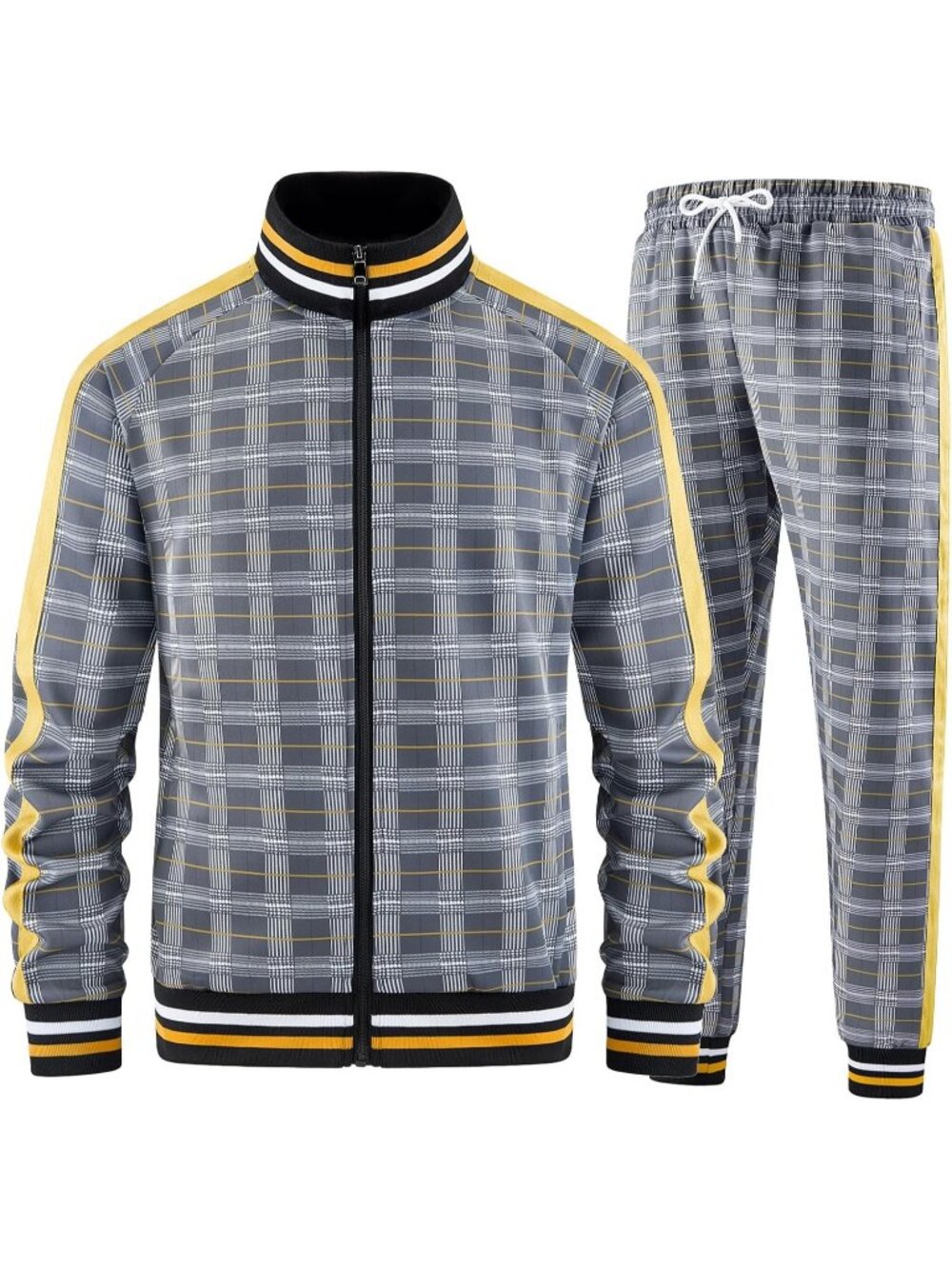 Men 2 Piece Suit Gray Yellow Slant Pocket Long Sleeve Zipper Track Jackets Pant